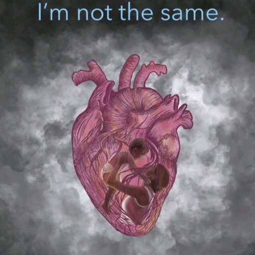 A stylized, pink, anatomical heart with a mother holding up a baby superimposed over it. The background is dark clouds and the text reads "I'm Not the Same" in turquoise writing.